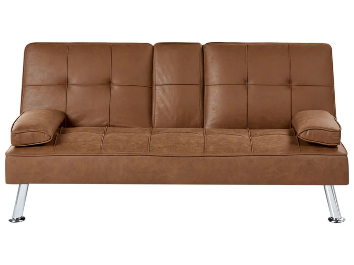 Kaveri golden brown faux leather three seater sofa bed with removable arm pads