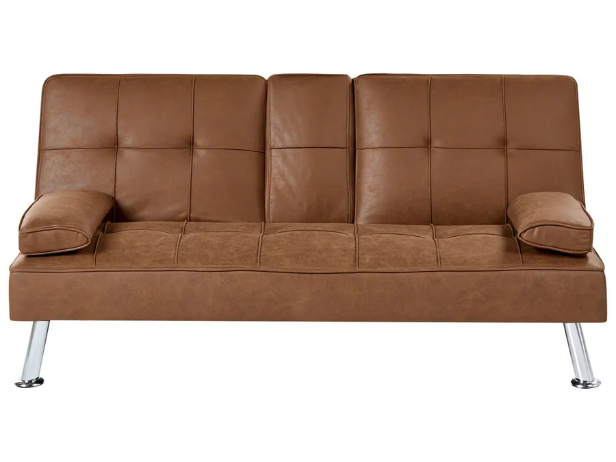 Kaveri golden brown faux leather three seater sofa bed with removable arm pads