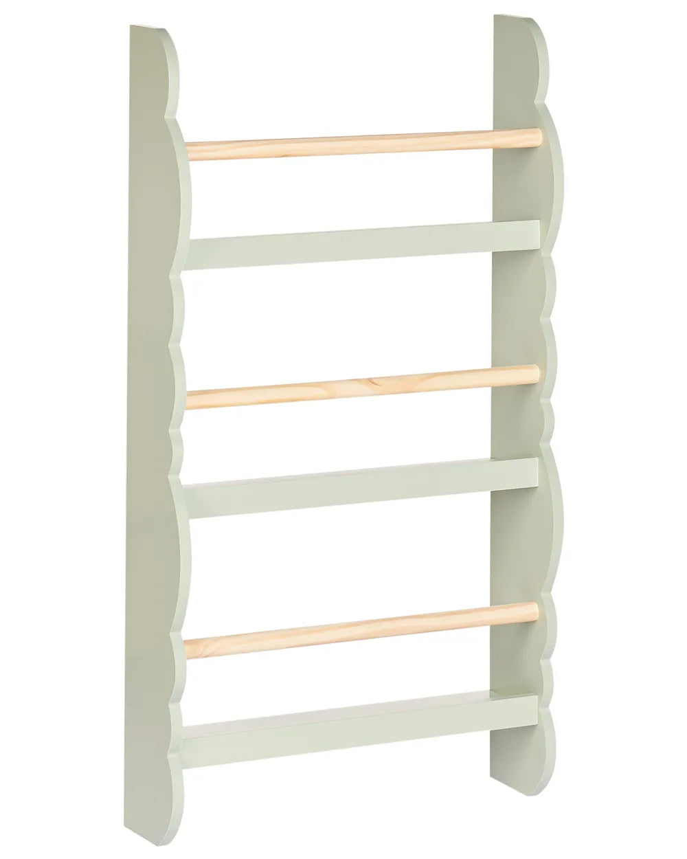 Light green ladder shelf with wooden rungs on a white background