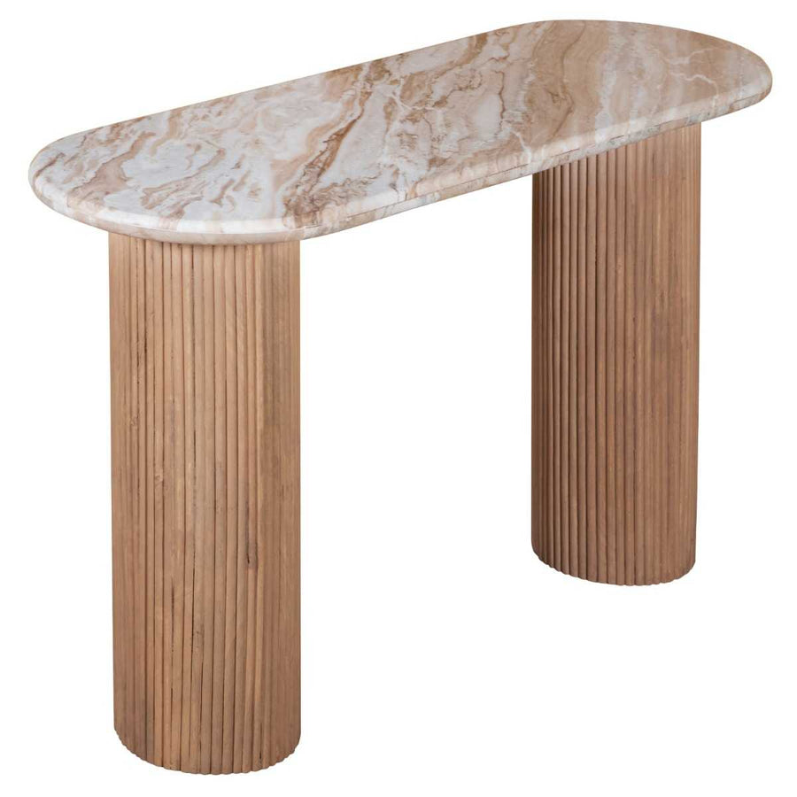 Marble-top console table with ribbed wooden legs on a white background