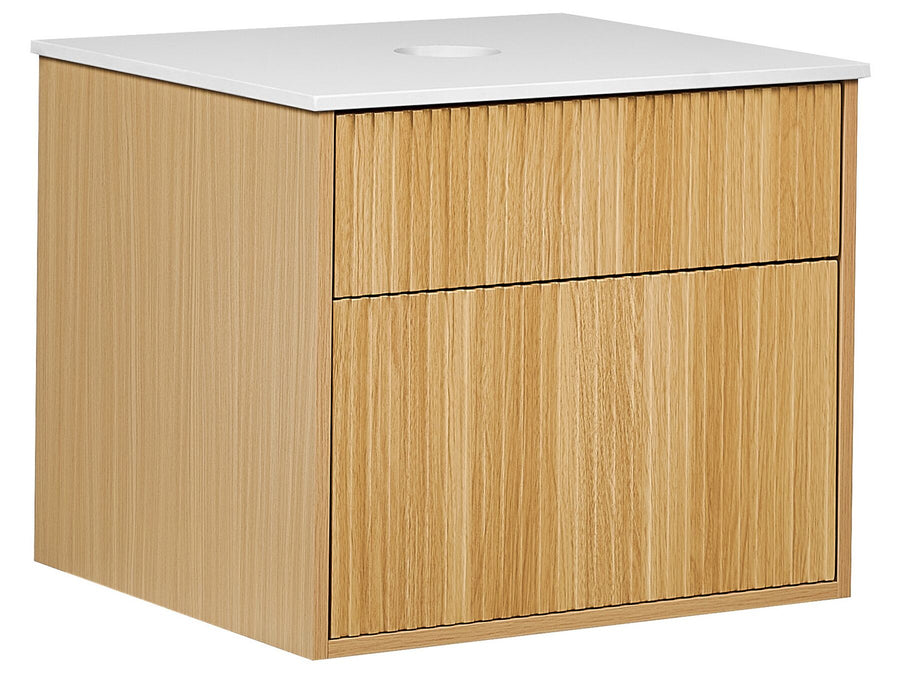 Wooden vanity unit with a white countertop on a white background