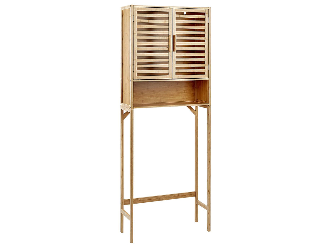 Wooden cabinet with slatted doors on a white background
