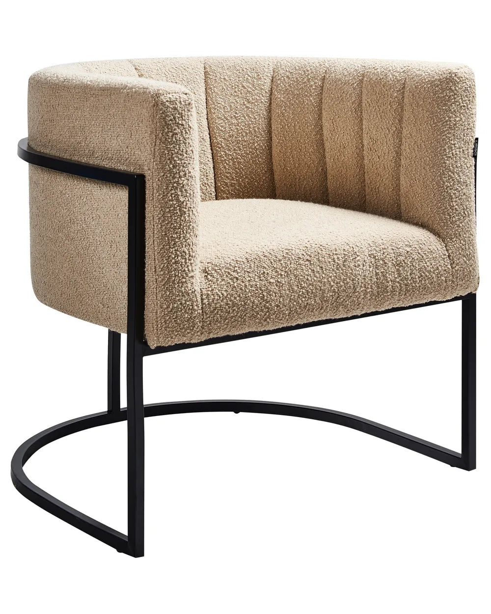 Beige armchair with black metal frame on a white background