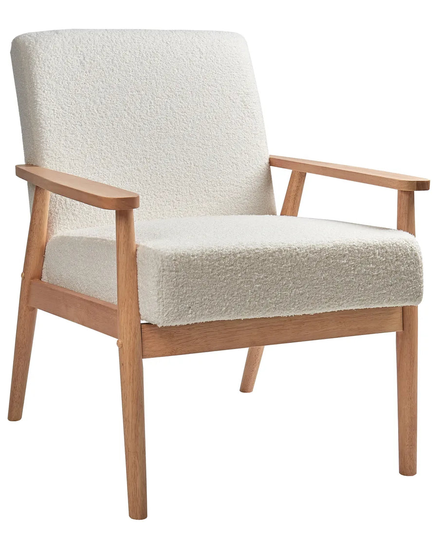 Beige armchair with wooden frame on a white background