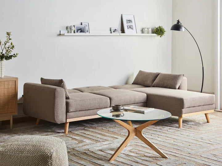 Corner Sofa Bed 3 Seater Fabric Light Brown Left Hand Glenland
