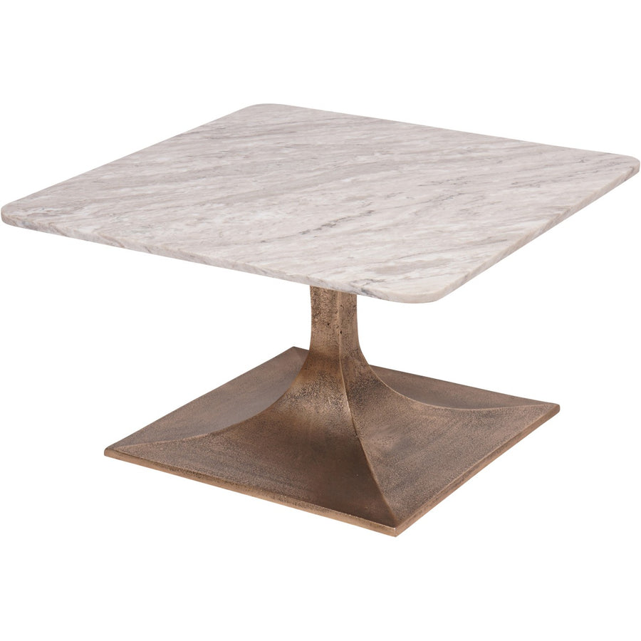 Square marble table with a bronze base on a white background