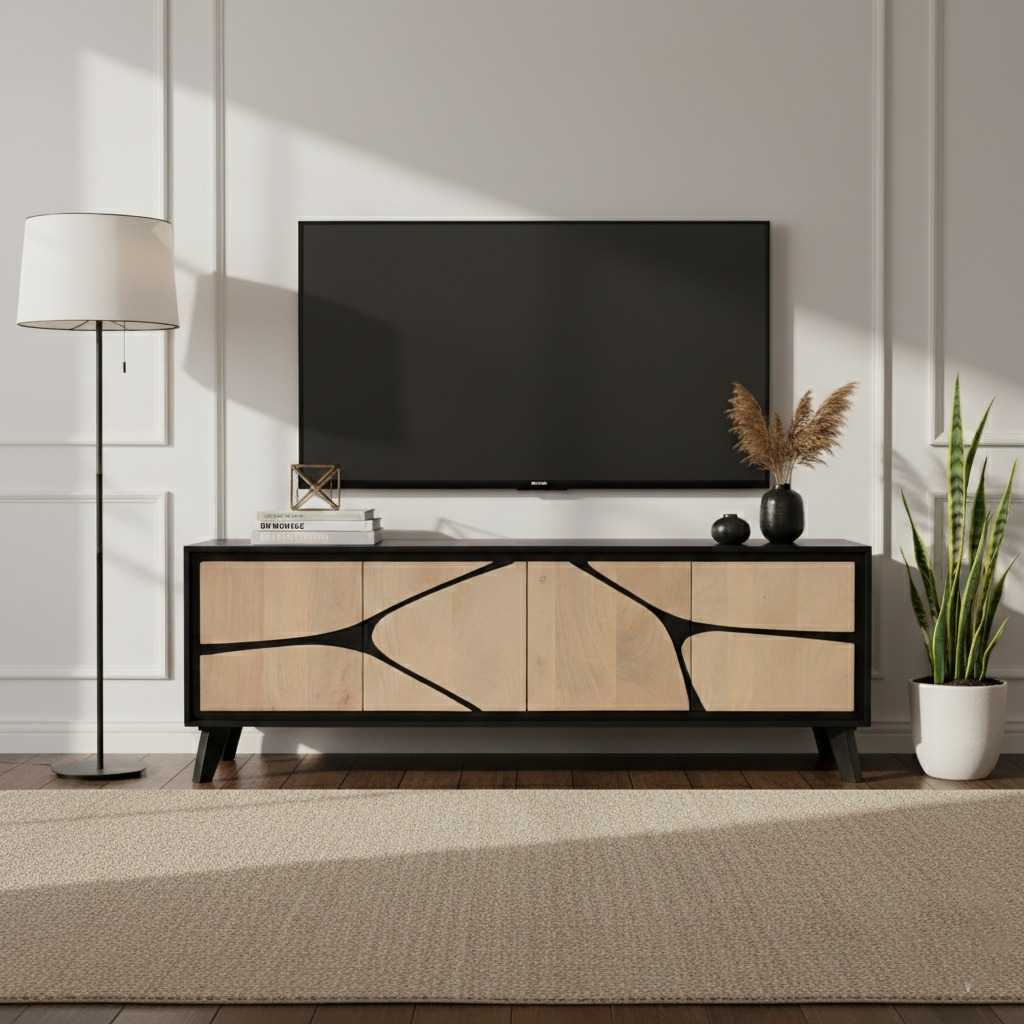 Modern living room with a TV on a wooden stand, lamp, and plant.