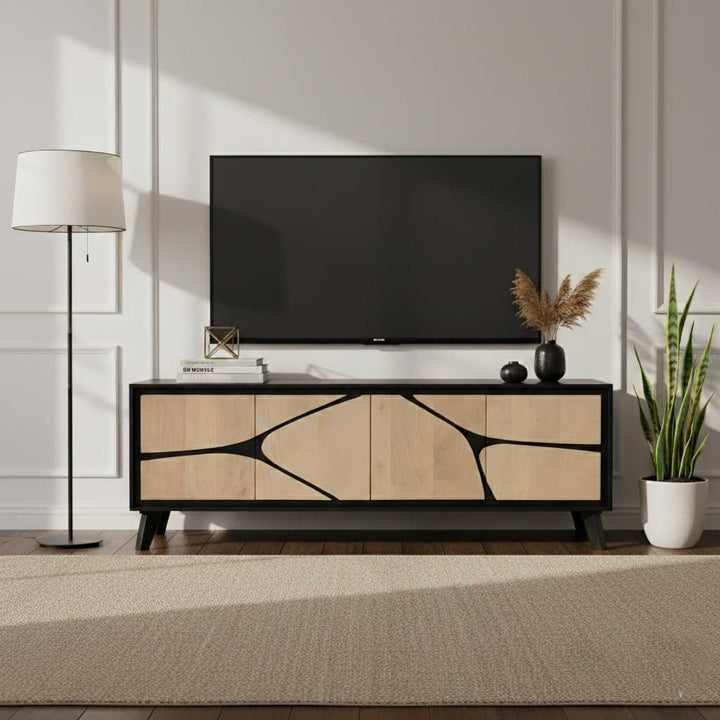 Modern living room with a TV on a wooden stand, lamp, and plant.