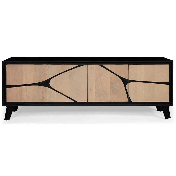 Wooden cabinet with black accents on a white background