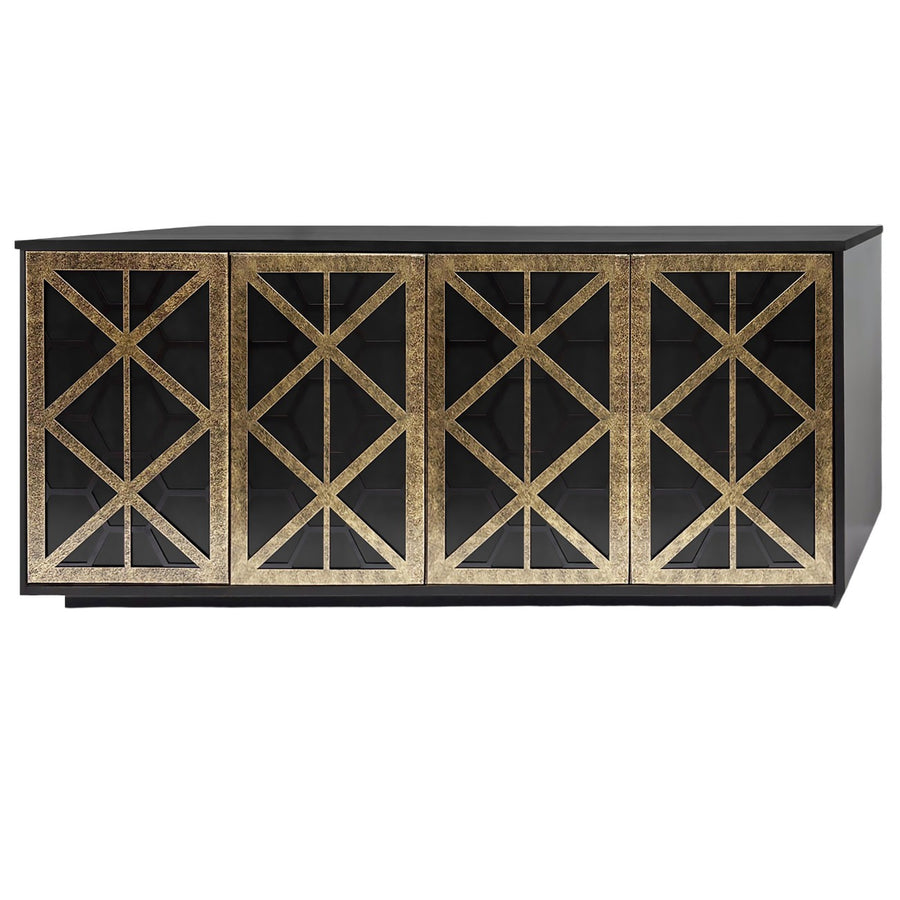 Black and gold geometric-patterned cabinet on a white background