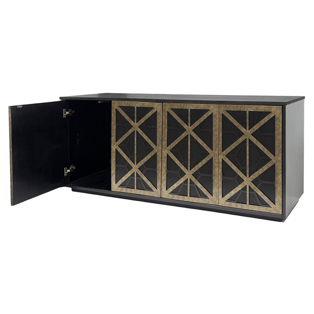 Black cabinet with geometric design on a white background