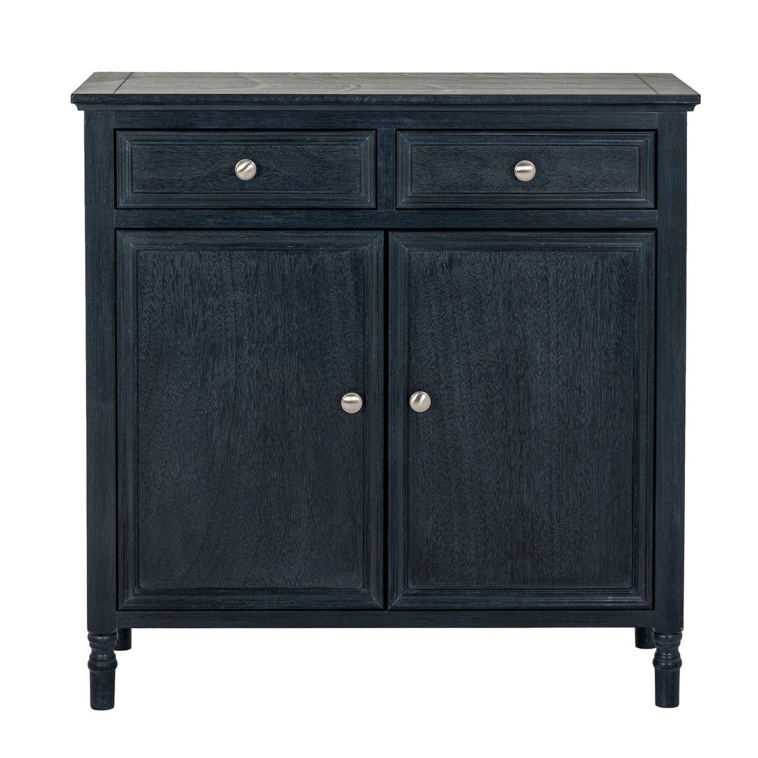 Dark wood cabinet with two doors and two drawers on a white background
