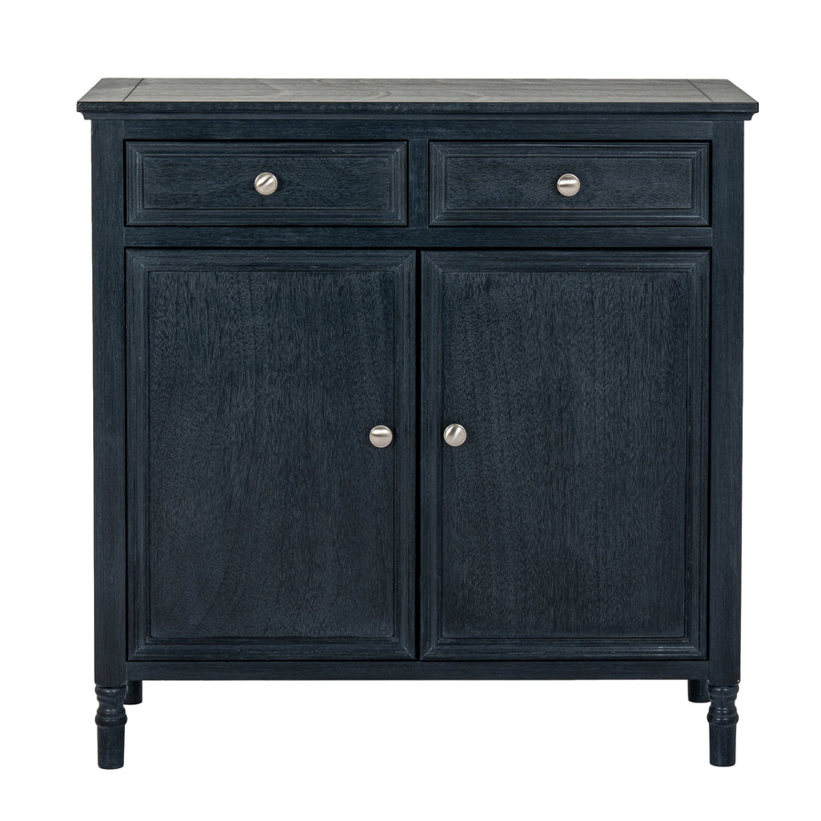 Dark wood cabinet with two doors and two drawers on a white background