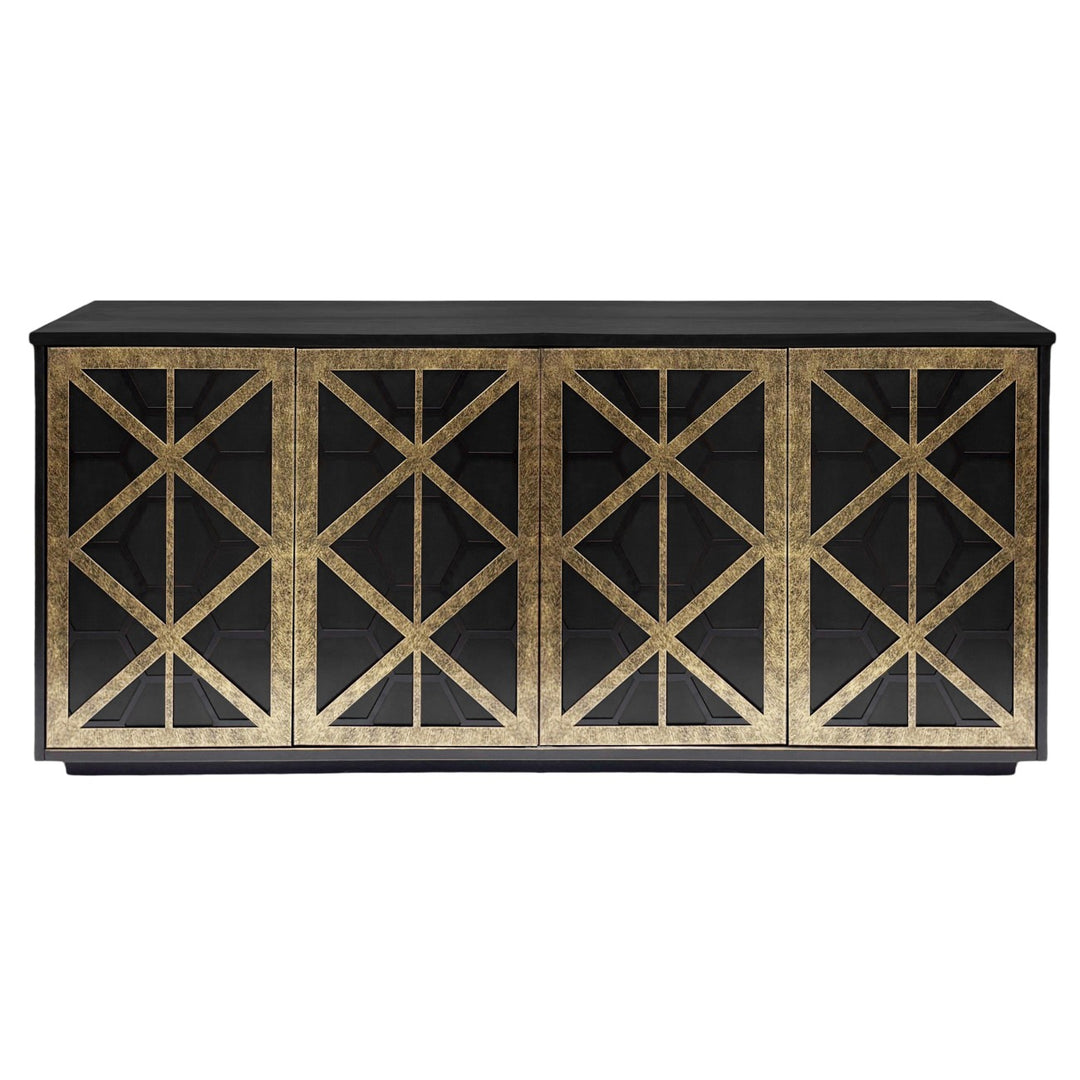 Black and gold geometric patterned cabinet on a white background