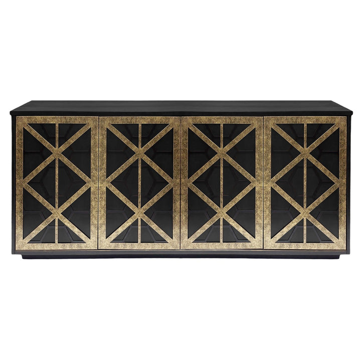 Black and gold geometric patterned cabinet on a white background