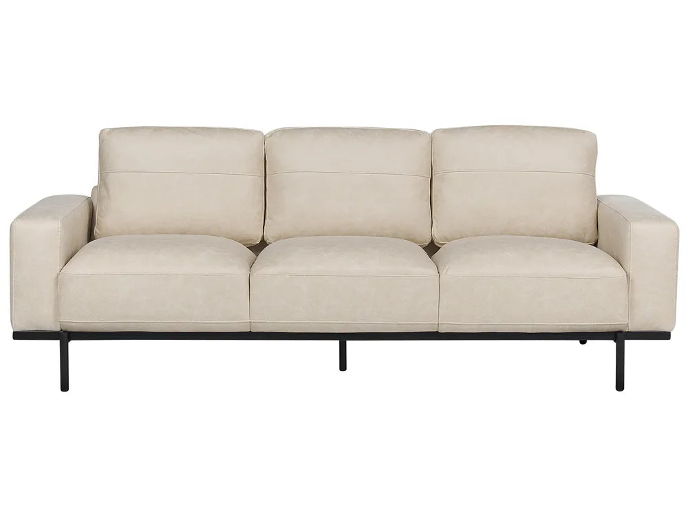 Beige sofa with black metal legs on a white background