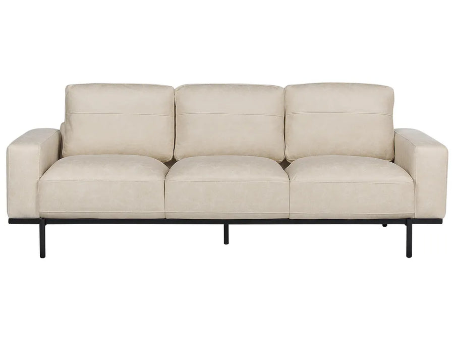 Beige sofa with black metal legs on a white background