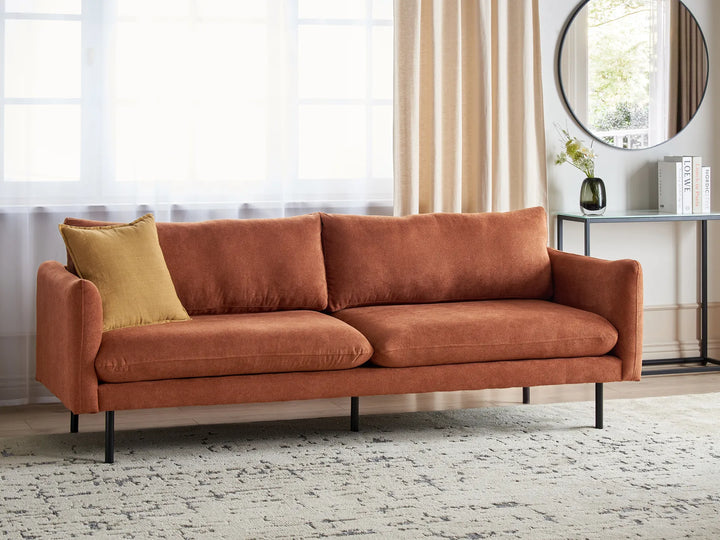 Golden brown chenille 3 seater sofa with soft padded seat and back cushions