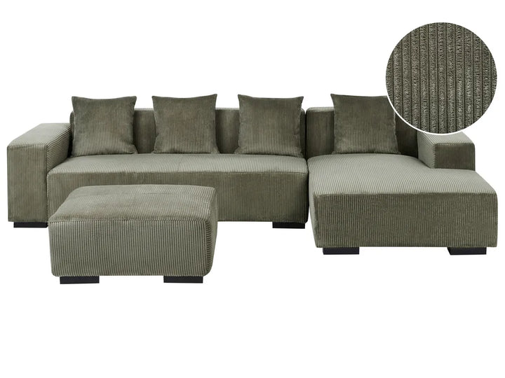 Corner Sofa 4 Seater Corduroy Green with Ottoman Left Hand Lecanto