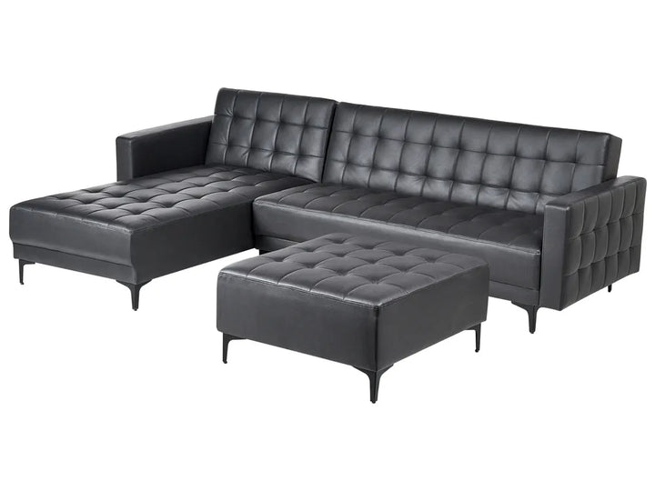 Modular Corner Sofa Bed 4 Seater Faux Leather Black with Ottoman Right Hand Denby