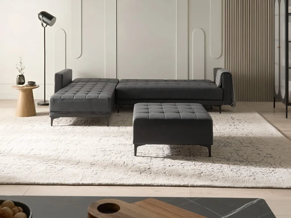 Modular Corner Sofa Bed 4 Seater Faux Leather Black with Ottoman Right Hand Denby