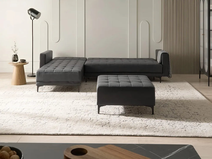 Modular Corner Sofa Bed 4 Seater Faux Leather Black with Ottoman Right Hand Denby