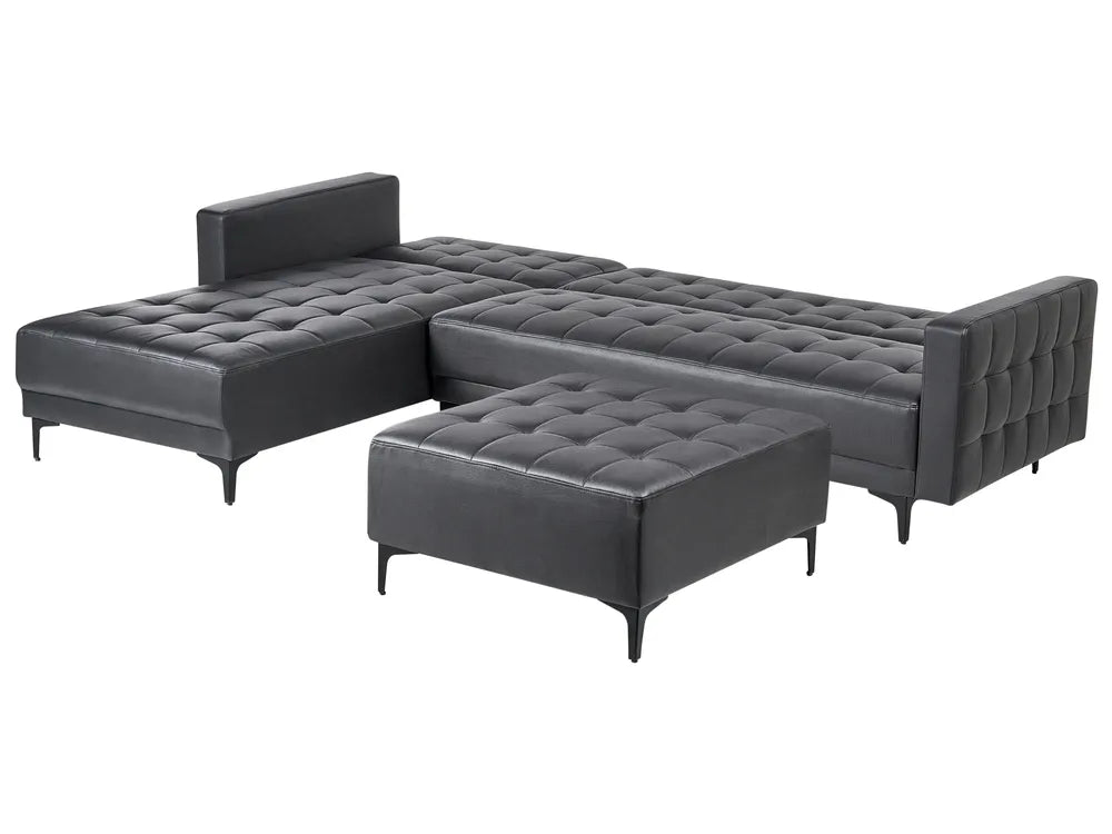 Modular Corner Sofa Bed 4 Seater Faux Leather Black with Ottoman Right Hand Denby