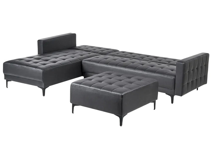 Modular Corner Sofa Bed 4 Seater Faux Leather Black with Ottoman Right Hand Denby