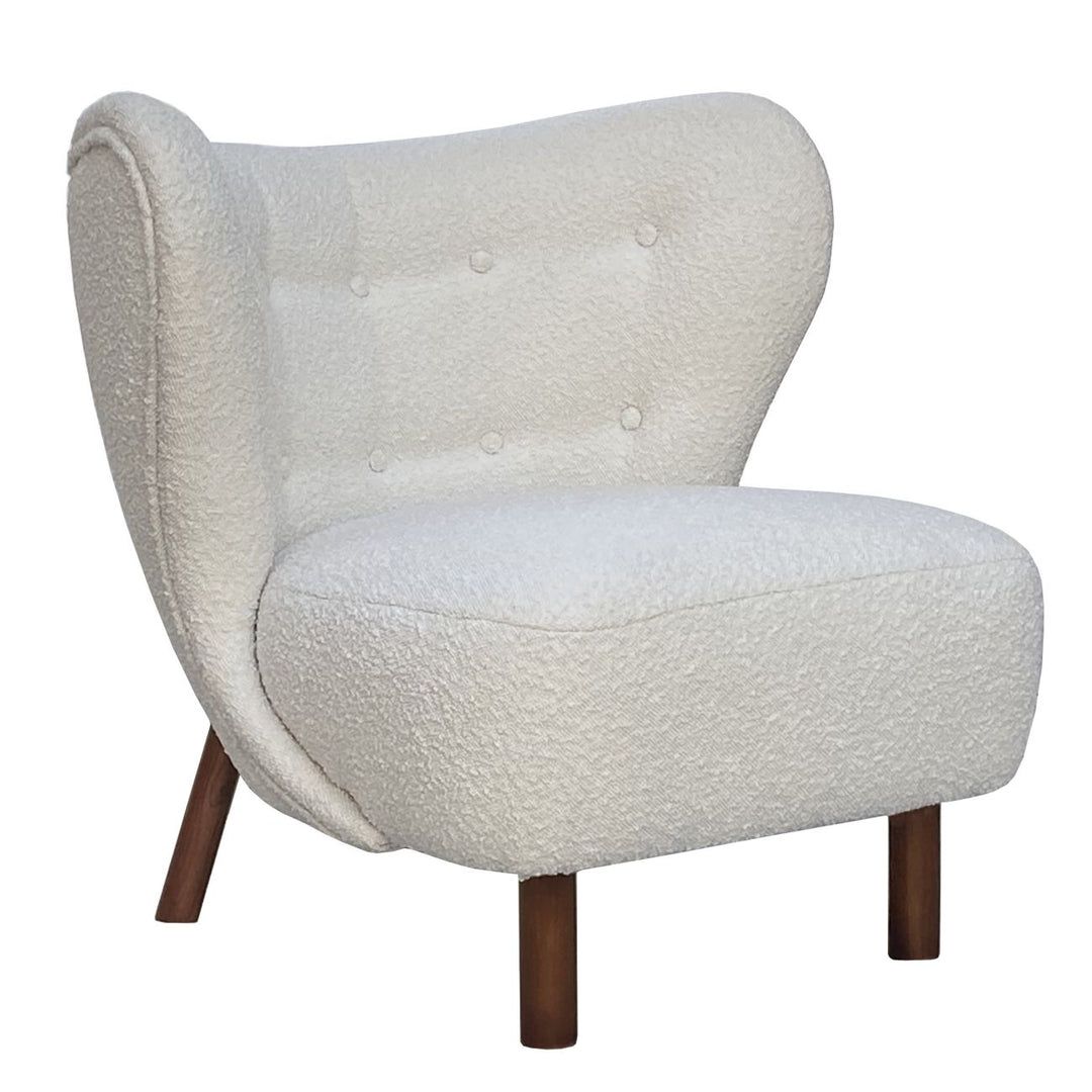 White textured armchair with wooden legs on a white background