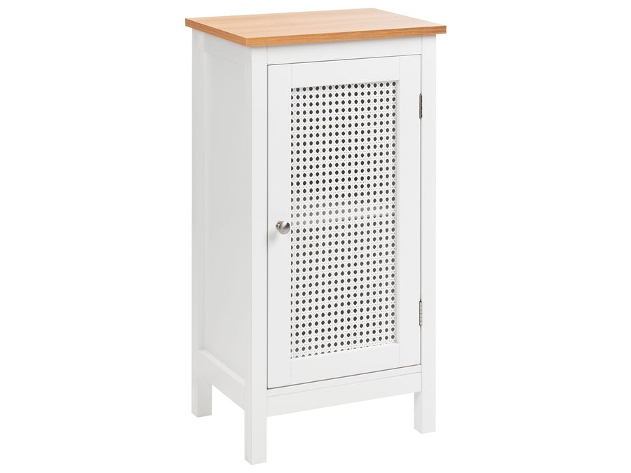White cabinet with a wooden top on a white background