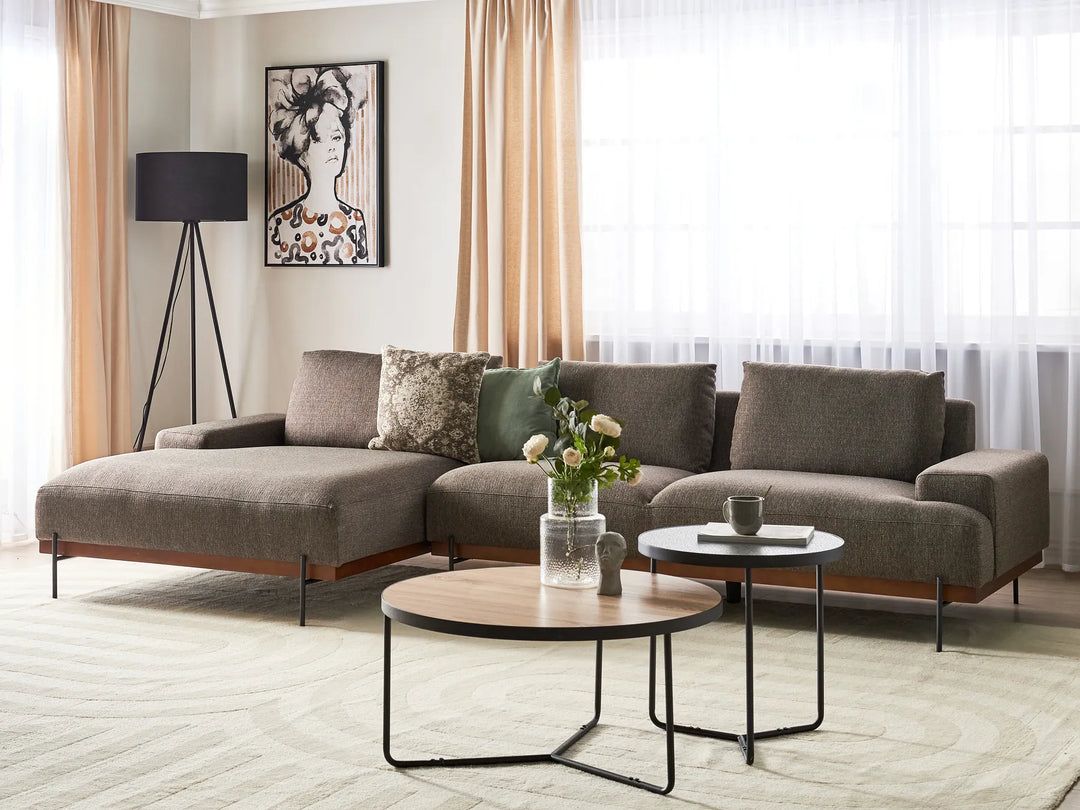 3‑seater brown L‑shaped fabric corner sofa with soft upholstery and minimalist design