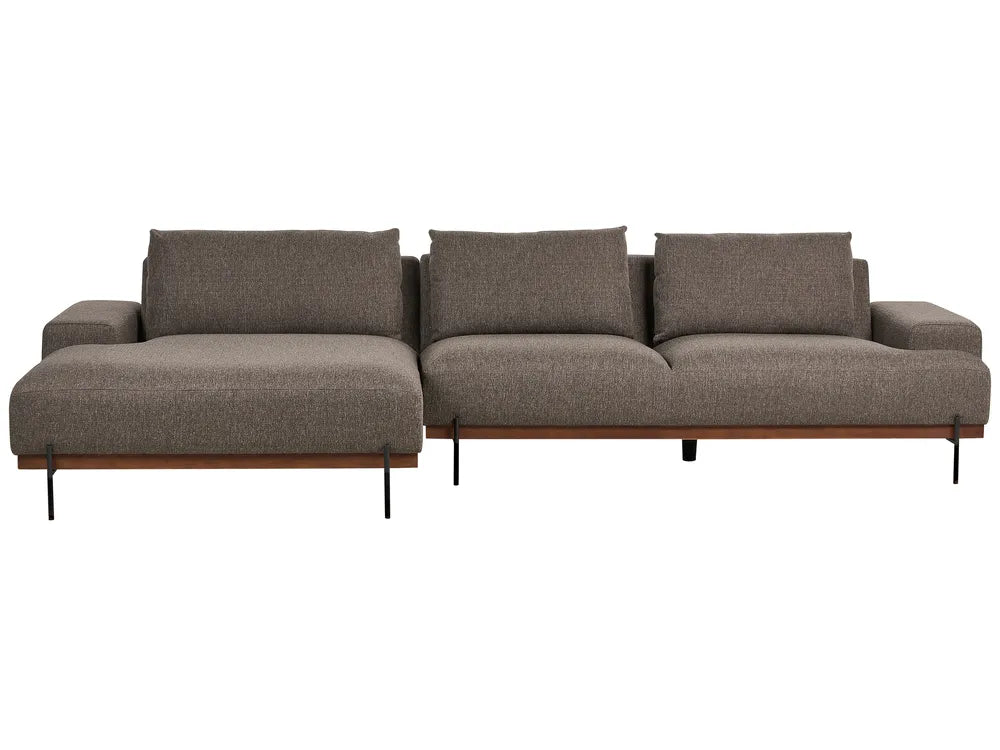 Brown fabric right‑hand corner sofa with low armrests and plush cushions in a modern living room
