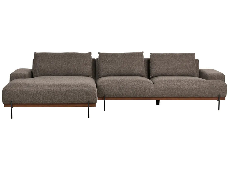 Brown fabric right‑hand corner sofa with low armrests and plush cushions in a modern living room