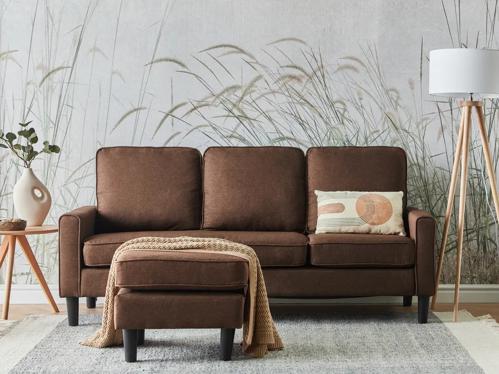 Sofa 3 Seater Fabric Brown with Ottoman Assuntino