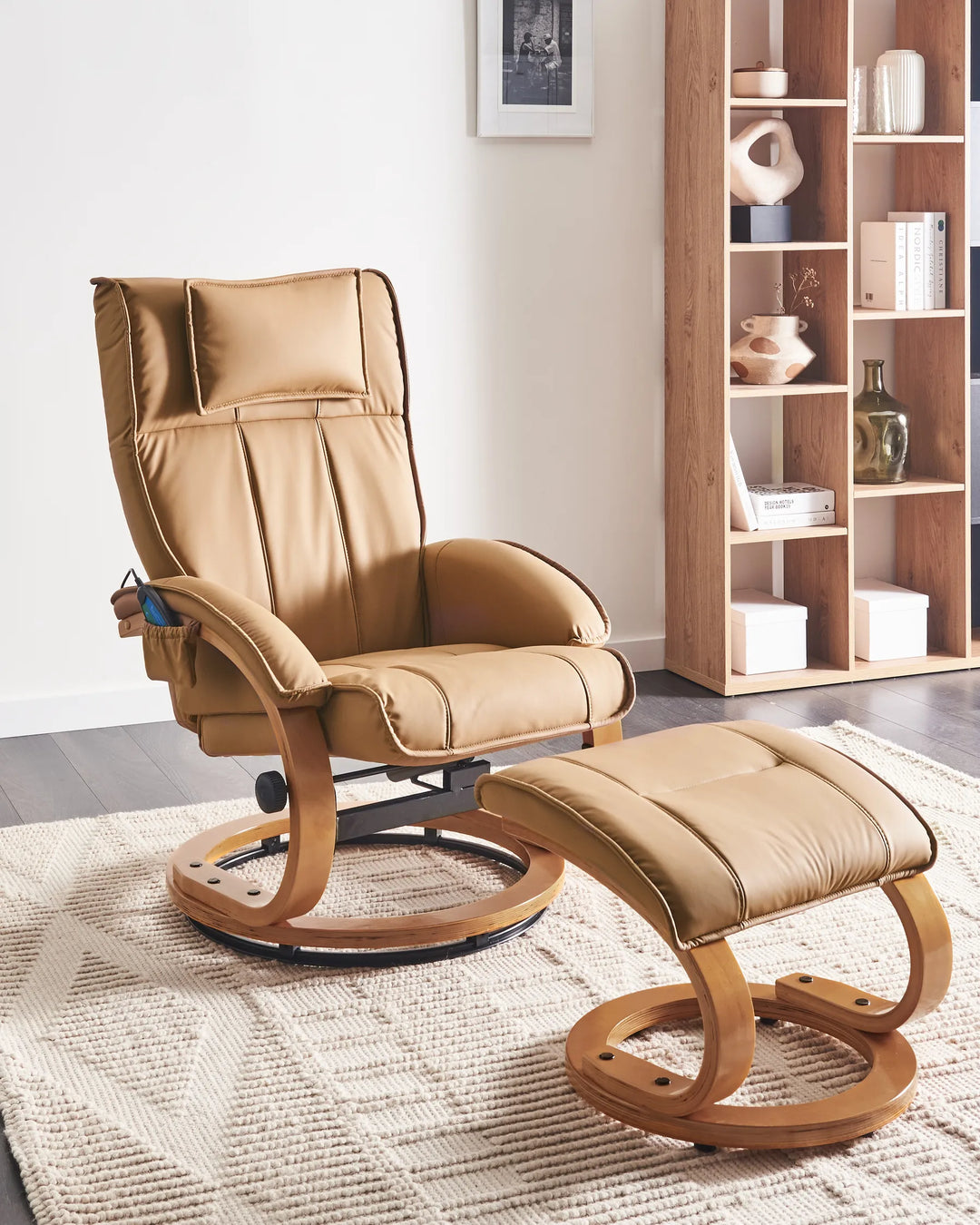 Beige recliner chair with ottoman in a room with wooden bookshelf