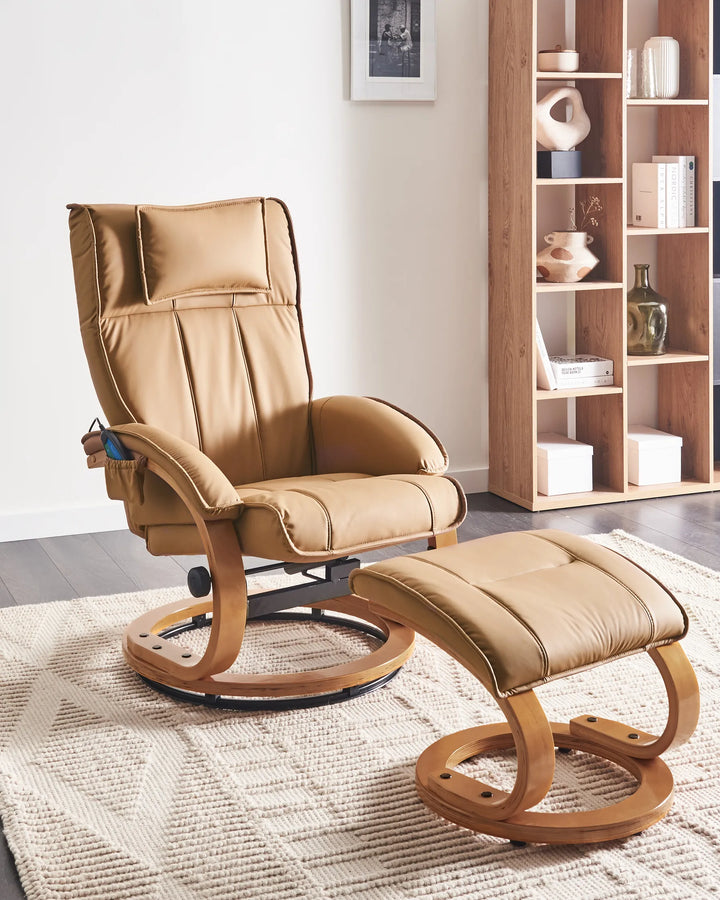 Beige recliner chair with ottoman in a room with wooden bookshelf