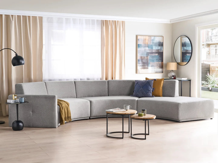 6-seater grey curved fabric sofa with soft upholstery and modern design