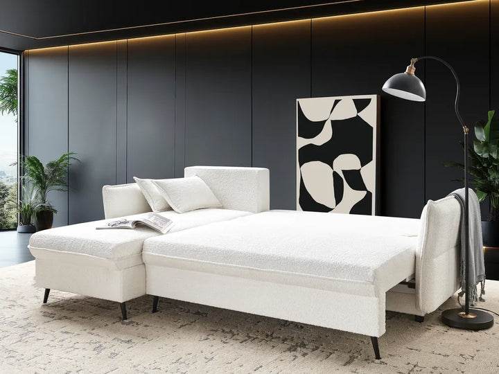 Corner Sofa Bed 3 Seater Boucle Off-White with Storage Right Hand Gloria