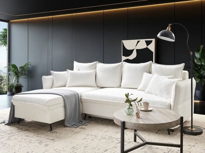 Corner Sofa Bed 3 Seater Boucle Off-White with Storage Right Hand Gloria