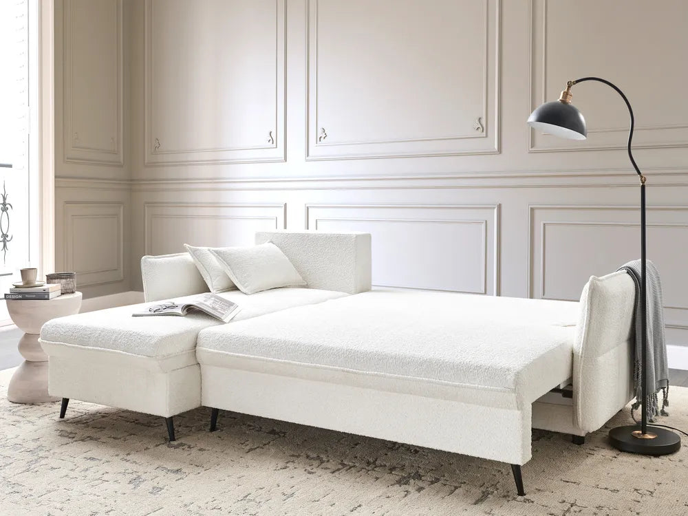 Corner Sofa Bed 3 Seater Boucle Off-White with Storage Right Hand Gloria