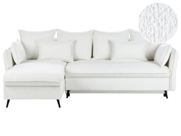 Corner Sofa Bed 3 Seater Boucle Off-White with Storage Right Hand Gloria