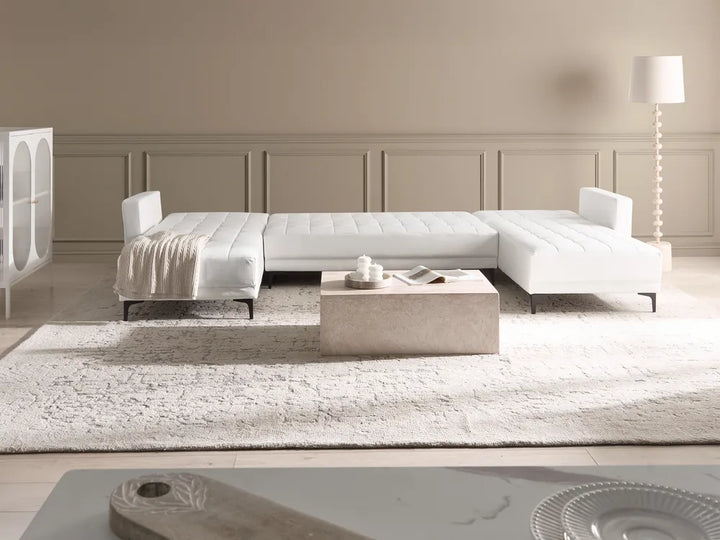 Modular U-Shape Sofa Bed 5 Seater Faux Leather White Denby
