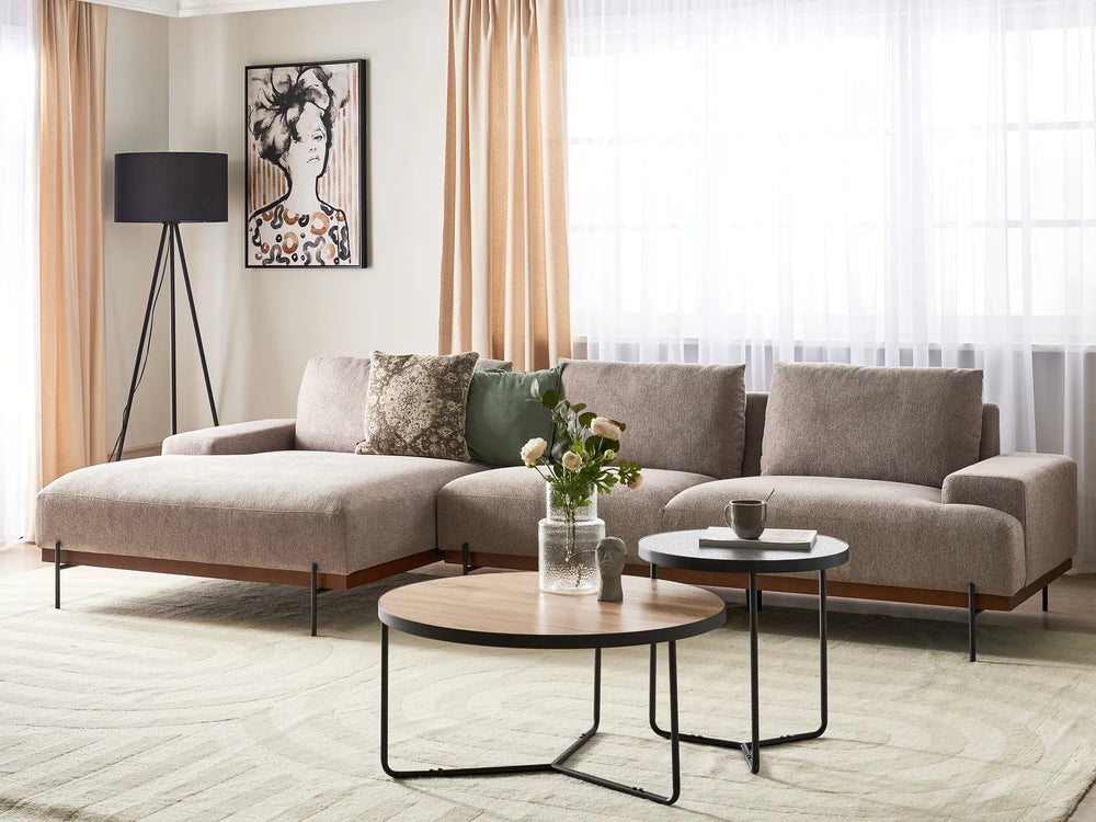 3‑seater light brown L‑shaped fabric corner sofa with soft upholstery and minimalist style