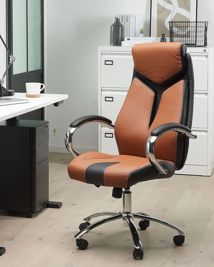 Brown office chair with black accents in an office setting