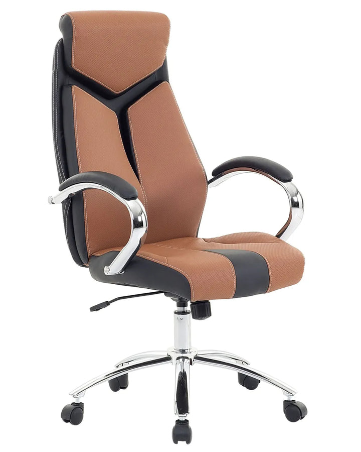 Brown and black office chair with chrome base on a white background
