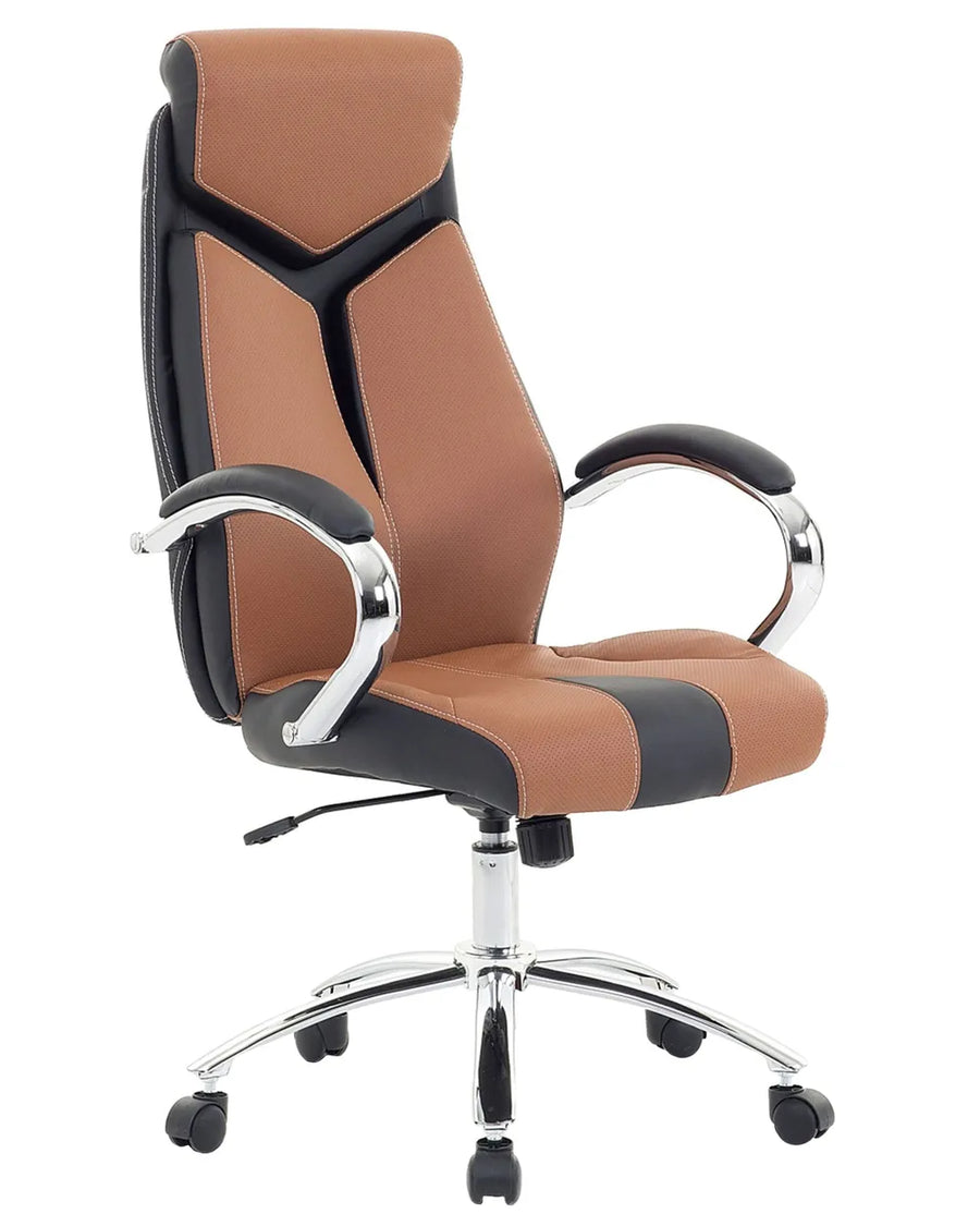 Brown and black office chair with chrome base on a white background