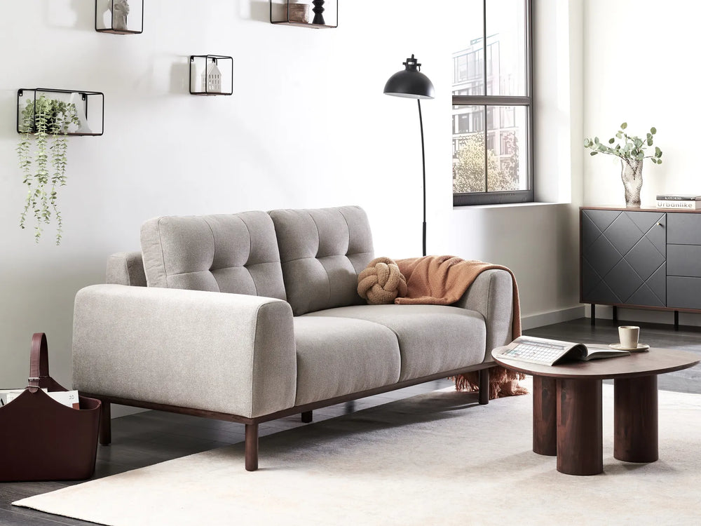 Modern living room with a gray sofa, wooden coffee table, and decorative elements.