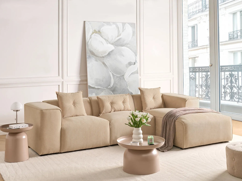 Beige jumbo cord corner sofa, left-hand layout