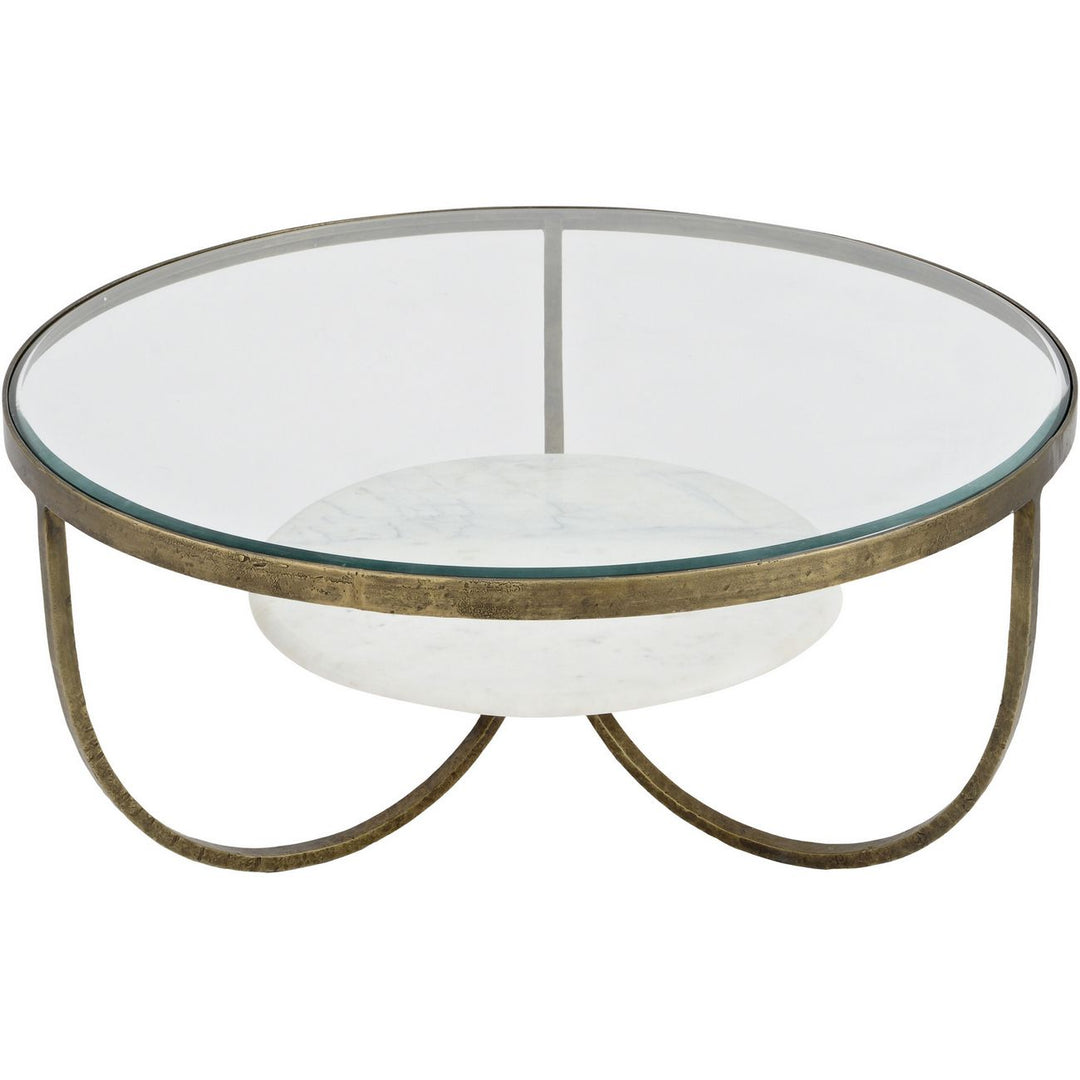 Round glass coffee table with metal frame on a white background