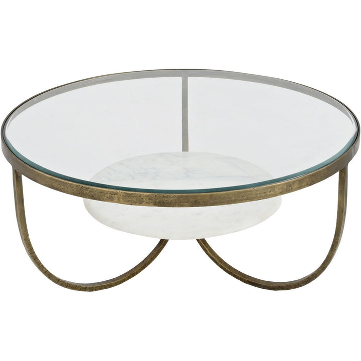 Round glass coffee table with metal frame on a white background